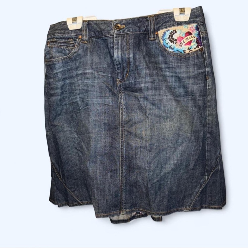 Ted Baker Pleated Jean Skirt with Embroidered Pocket - Picture 3 of 9